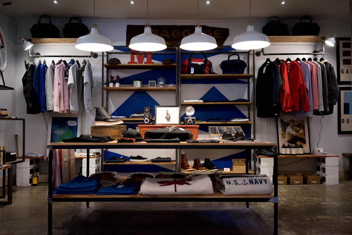 Retail store interior with clothing and product displays